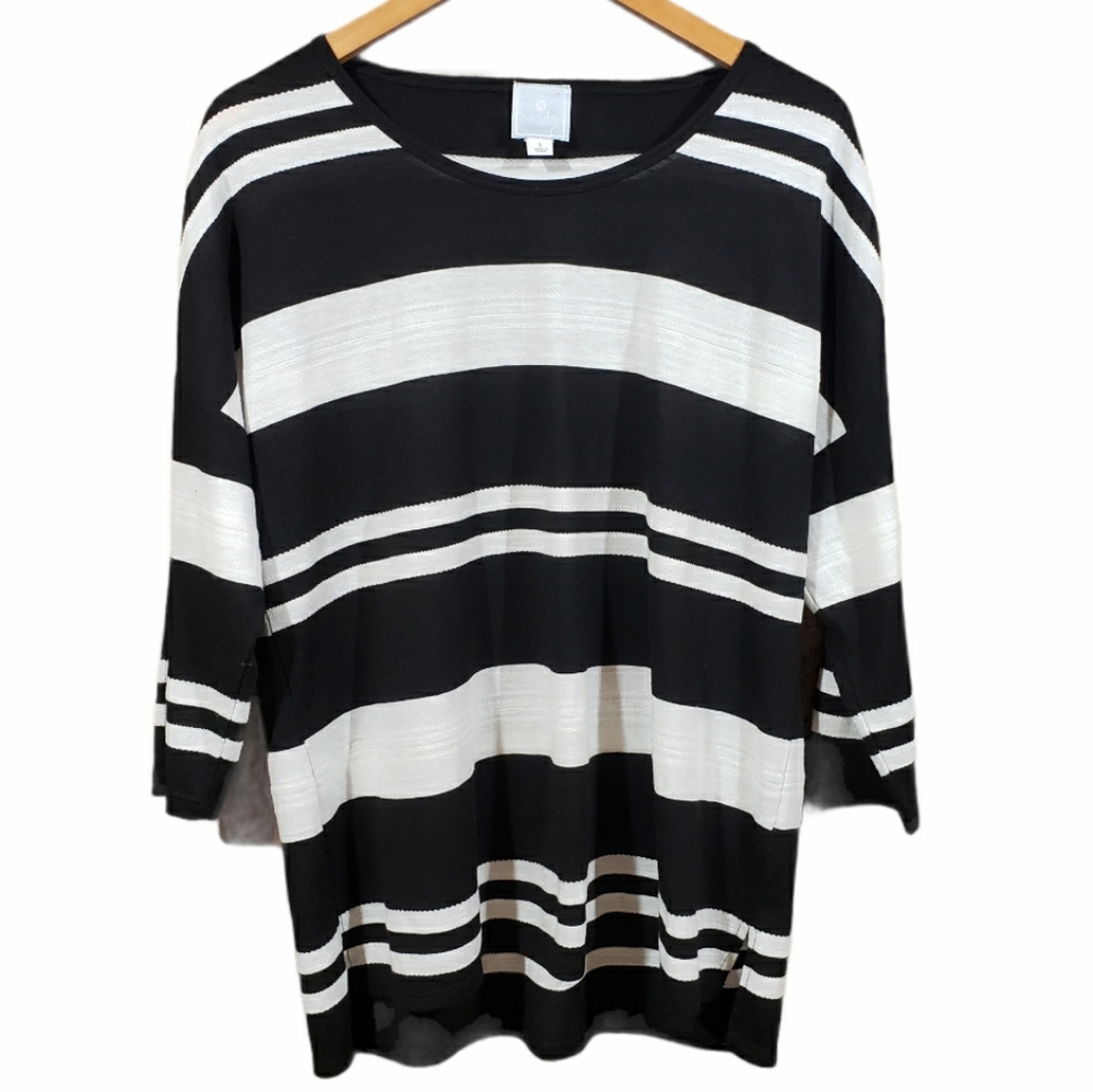 Sunday black‎ and white striped 3/4" sleeve shirt woman's size large